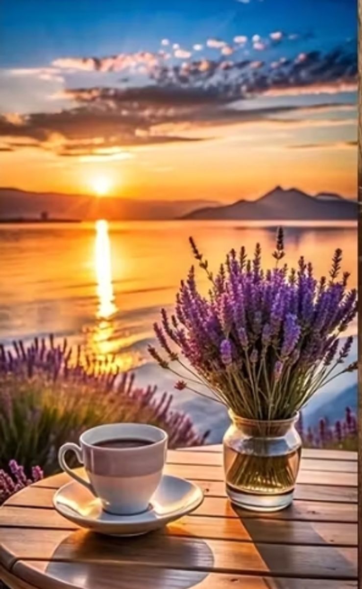 Kaffekopp i solnedgang, 25 x 35 cm